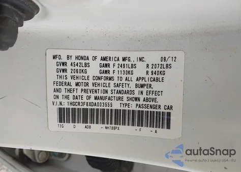 2013 Honda Accord Ex-L V-6 from USA, damaged, VIN 1HGCR3F8XDA003555